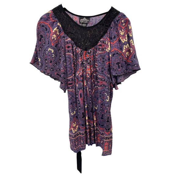 Angie Tie Waist Lace Paisley Tunic Dress Size L Flutter Sleeve Boho Hippie NEW - Picture 1 of 5